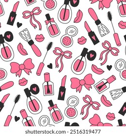 Beleza Cosméticos Doodle Padrão Sem Costura. Mão bonito desenhado mulher coquette fazer fundo com cair contorno perfume mascara pó ícones. Repetir ilustração vetorial