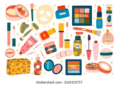 Beauty cosmetics doodle. Skin care natural organic products. Face and body care elements isolated on white background. Vector illustration