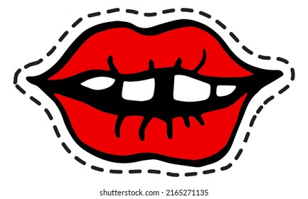 Beauty and cosmetics, female red lips and teeth. Speaking and communicating in social media. Mouth, attractive body part. Sticker or patch, isolated icon, logotype or emblem. Vector in flat style