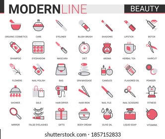Beauty cosmetics flat line icon vector illustration set. Red black website design, face or body skin care organic cosmetics, spa salon items for beautiful woman, aroma therapy collection