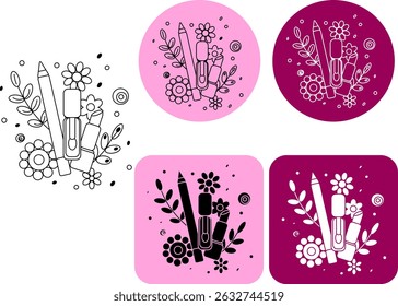 Cosméticos de beleza Logotipo de flor. Ilustração de linha gráfica vetorial. Preto e branco cosmético maquiagem arte. Perfeito para cartões, decorações, adesivos, logotipo, menu, vários projetos.
