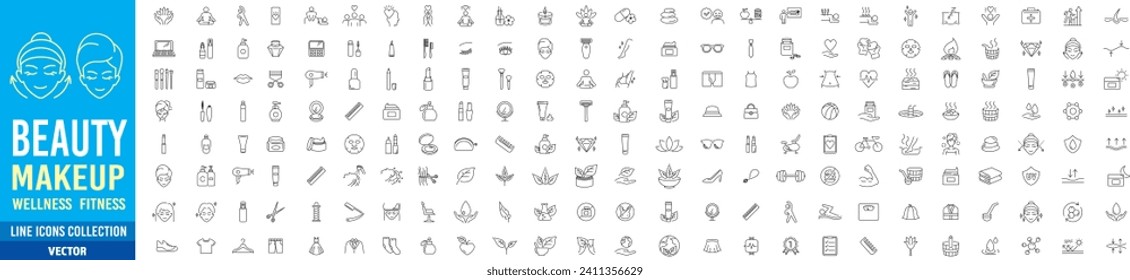 Beauty, Cosmetics, Hair salon, Fitness, exercise, Diet, Yoga, Skin care, Sauna, Wellness, relaxation, health, Gym, Makeup, editable stroke line illustration icon collection vector set. 