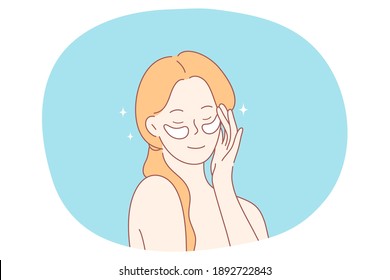 Beauty, cosmetics, home skincare concept. Young smiling woman cartoon character using eye patches in morning for looking good and fresh vector illustration. Dermatology, cosmetology