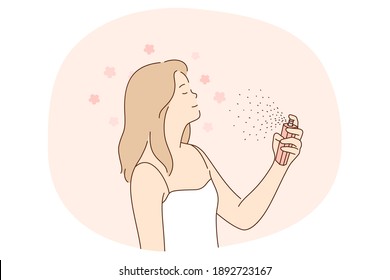 Beauty, cosmetics, home skincare concept. Young smiling woman cartoon character using facial spray or perfume water for feeling fresh vector illustration. Dermatology, cosmetology