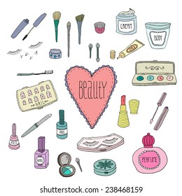 Beauty and cosmetics icons doodles