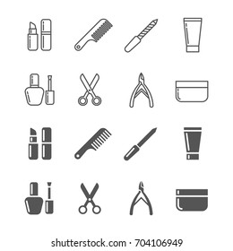 Beauty and cosmetics icons - line and silhouette cosmetics set. Vector illustration