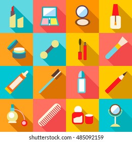 Beauty cosmetics icons set in flat style. Makeup elements set collection vector illustration