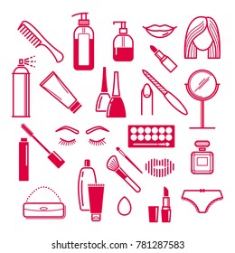 Beauty and cosmetics icons vector set. Makeup products illustration.