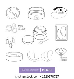 Beauty Cosmetics Line Art Icon Set. Collagen Eye Patches In Vector. Korean Cosmetics.  Icons Patch For Eyes, Collagen, Ginkgo Biloba, Packaging With Patch. Isolated Objects. Black And White Drawn Line