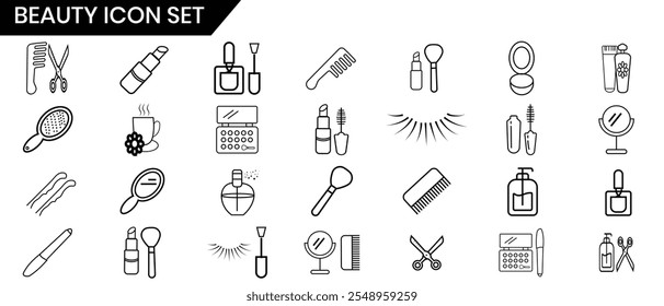 Beauty, cosmetics line icons, vector set design. Simple Set of Cosmetics, fashion line vector, silhouette collection. Icon of  cream bottle, lipstick, makeup brush and others. Vector illustration.