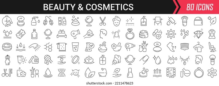 Beauty and cosmetics linear icons in black. Big UI icons collection in a flat design. Thin outline signs pack. Big set of icons for design