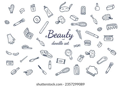 Beauty cosmetics and make up doodle icons. Hand drawn vector fashion sketch items. Lipstick, mascara, brush, compact powder, shadows, blusher, lip balm, nail polish.