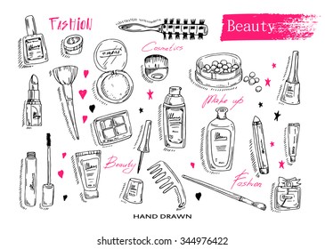 Beauty, cosmetics and make up set. Hand drawn element collection with hairbrushes, lipstick and nails and Text. Vector illustration.