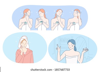 Beauty, cosmetics, make up, skincare, wellness concept. Young smiling women cartoon characters using face cream, lotion, peeling, facial mask and moisturiser for everyday use. Dermatology, cosmetology