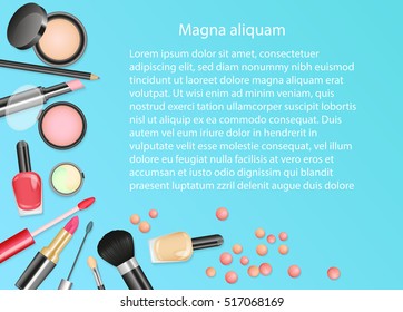 Beauty cosmetics Makeup with cosmetic tools. Colorful cosmetics background, brushes and other essentials
