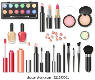 Beauty cosmetics Makeup with cosmetic tools. Colorful cosmetics background, brushes and other essentials.