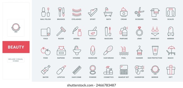 Beauty cosmetics and makeup kit of salon or home care line icons set. Fashion perfume and accessories, healthy food, towels and clothes for beach thin black and red outline symbols vector illustration