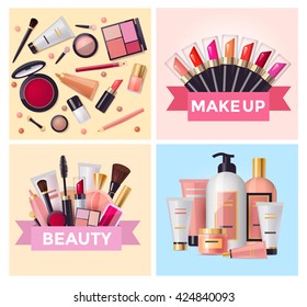 Beauty cosmetics and makeup set, flat design illustration , vector template