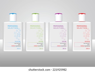 Beauty Cosmetics  Packaging Design Templates Body Care Hair Shampoo Or Body Care Shower Gel Bottles. Clean Style Package Design 