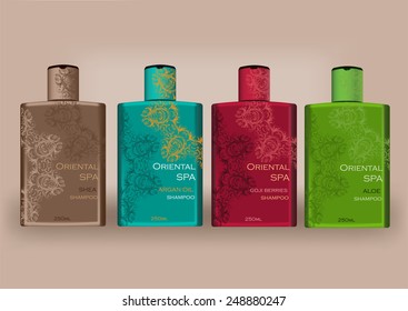 Beauty cosmetics  packaging design templates body care hair shampoo or body care shower gel bottles. Oriental style package design 