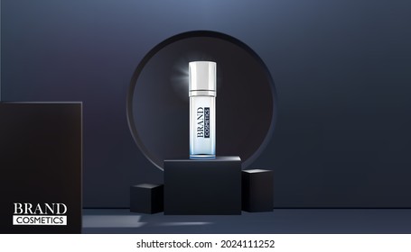 Beauty Cosmetics Product On Black Box Stage With Black Abstract Background ,branded Cosmetic Cream Advertisement.Realistic Vector Illustration .