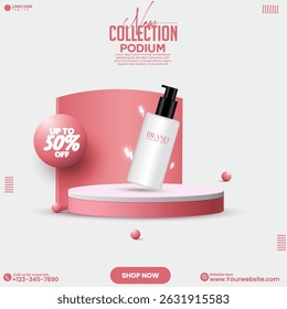Beauty cosmetics product sale advertisement social media post design vector. Abstract minimal 3D rendered product sale podium background. Product display presentation design with a podium. 