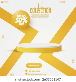 Beauty cosmetics product sales advertisement, social media poster design template. Minimal Skincare Product Ad with 50% Off Offer. Beauty Brand Sale Banner design with an empty podium. 
