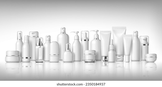 Beauty cosmetics product white packages mockup, plastic containers. Realistic 3d vector professional makeup production, skincare items, and accessories in blank packs, tubes, bottles and jars