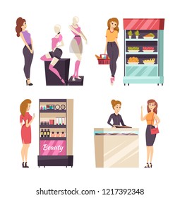 Beauty cosmetics products on shelves set vector. Mannequin with underwear, lady shopping in supermarket, basket with food. Jewelry store consultant