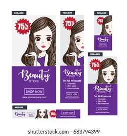 Beauty and Cosmetics Sale Banners on Purple Background, Design Template