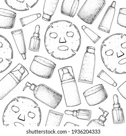 Beauty cosmetics seamless pattern. Hand drawn sketch. Skin care packaging design. Cosmetic tubes on white background. Vintage vector illustration. Design template.