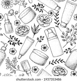 Beauty cosmetics seamless pattern. Hand drawn sketch. Skin care packaging design. Cosmetic tubes on white background. Vintage vector illustration. Design template.