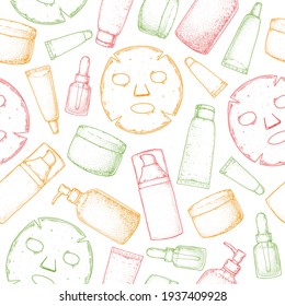 Beauty cosmetics seamless pattern. Hand drawn sketch. Skin care packaging design. Cosmetic tubes on white background. Vintage vector illustration. Design template.