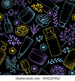 Schönheitskosmetik nahtloses Muster. Handgezeichnete Skizze. Design der Hautpflegeverpackung. Kosmetische Tuben auf weißem Hintergrund. Vintage, Vektorgrafik. Vorlage entwerfen.