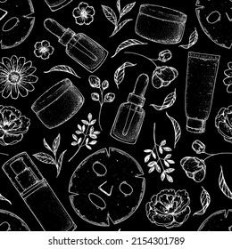 Beauty cosmetics seamless pattern. Hand drawn sketch. Skin care packaging design. Cosmetic tubes on white background. Vintage vector illustration. Design template