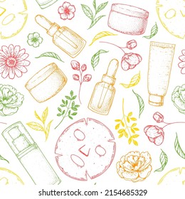 Beauty cosmetics seamless pattern. Hand drawn sketch. Skin care packaging design. Cosmetic tubes on white background. Vintage vector illustration. Design template