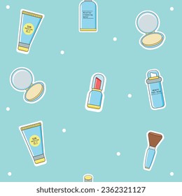 Beauty cosmetics seamless pattern on blue background. Hand drawn sketch. Products Compact powder, lipstick, brush, sunscreen, miceral water
