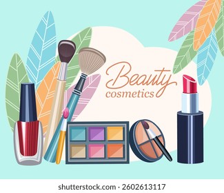 beauty cosmetics set of cosmetics accessories cosmetics for makeup mascara for eyes powder brushes nail polish lipstick vector image