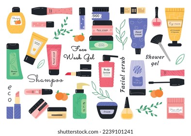 Beauty cosmetics set doodle. Collection of creams and sprays, refreshing lotions. Skin care, beauty and hygiene. Mascara and lipstick. Cartoon flat vector illustrations isolated on white background