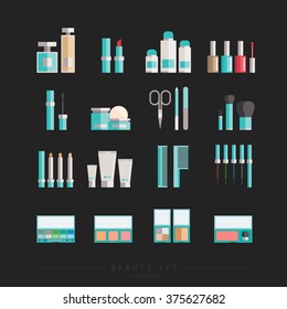 Beauty cosmetics set - vector flat icons on dark background. Trendy turquoise.