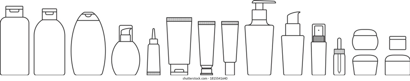Schönheitskosmetikgeschäft. Vektorsatz von Symbolen. Kappe, Flasche, Tube für kosmetische Flüssigkeit. Hautpflege. Beschilderung für Shopdesign, Social-Media-Geschichten.

