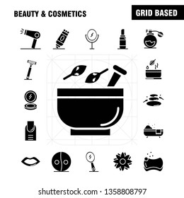 Beauty And Cosmetics Solid Glyph Icons Set For Infographics, Mobile UX/UI Kit And Print Design. Include: Beauty, Cosmetic, Lipstick, Cosmetic, Mortar, Natural, Vessel, Flower, Icon Set - Vector
