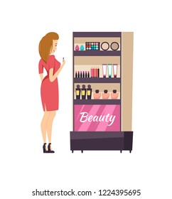 Beauty cosmetics stand with production for makeup and visage vector. Woman choosing mascara, lipstick and foundation. Client and palettes bottles