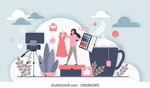 Beauty cosmetics, style and makeup vlogging. Tiny vlogger with dress and eyeshadow palette making video blog content for audience in social media 3d flat vector illustration. Fashion lifestyle concept