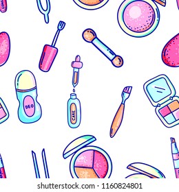 Beauty cosmetics supply seamless pattern background. female treatment design.repeating decorative make up wallpaper.fashion print vector illustration.