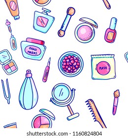 Beauty cosmetics supply seamless pattern background. female treatment design.repeating decorative make up wallpaper.fashion print vector illustration.