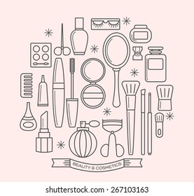beauty and cosmetics thin line outline vector icons set