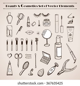 Beauty and cosmetics vector doodles icons. Glamorous hand drawn set. Make up articles shampoo, cream, lipstick, mascara, nail-polish, perfume, lotion, eyeshadow