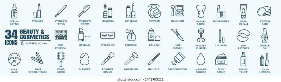Beauty and cosmetics vector icon set with skincare, spa treatment products for face, body and wellness routine