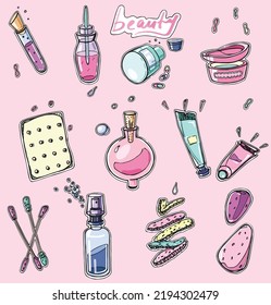 Beauty cosmetics vector illustration: face cream, face moisturizer, hand creams, perfume bottle, face serum, vitamins, sponges, cotton pads, ear buds. Sticker  with stroke on pink background.